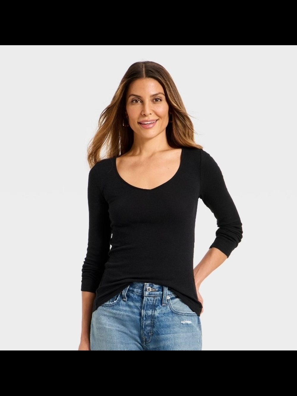 Women's long sleeve ribbed v-neck t-shirt - Universal Thread Black Size L
